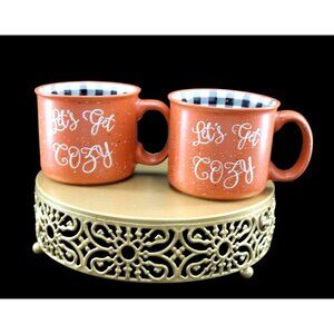 Set Of Holiday "Lets Get Cozy" Orange Ceramic Mugs with Black Checkered Interior